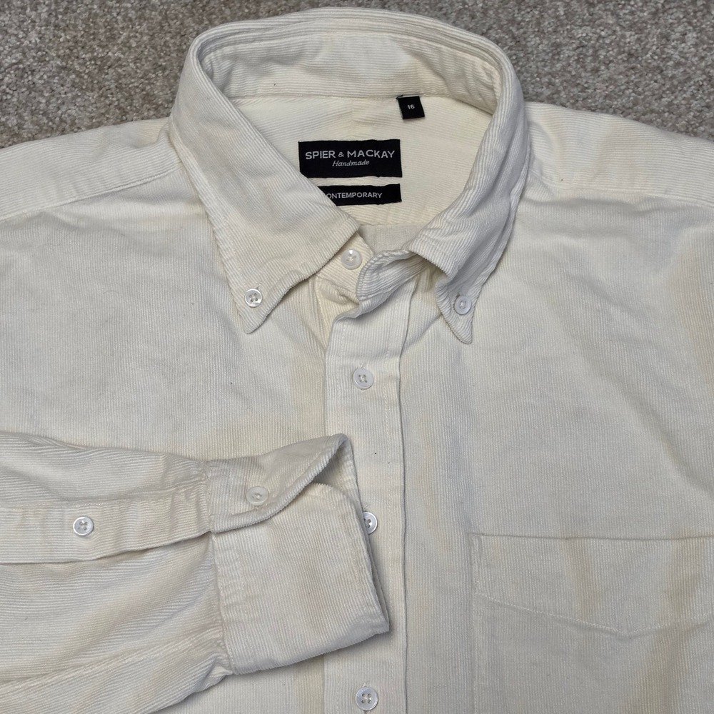 Spier & Mackay Mens 16 Contemporary Corduroy Button Down Shirt Cream Off White
